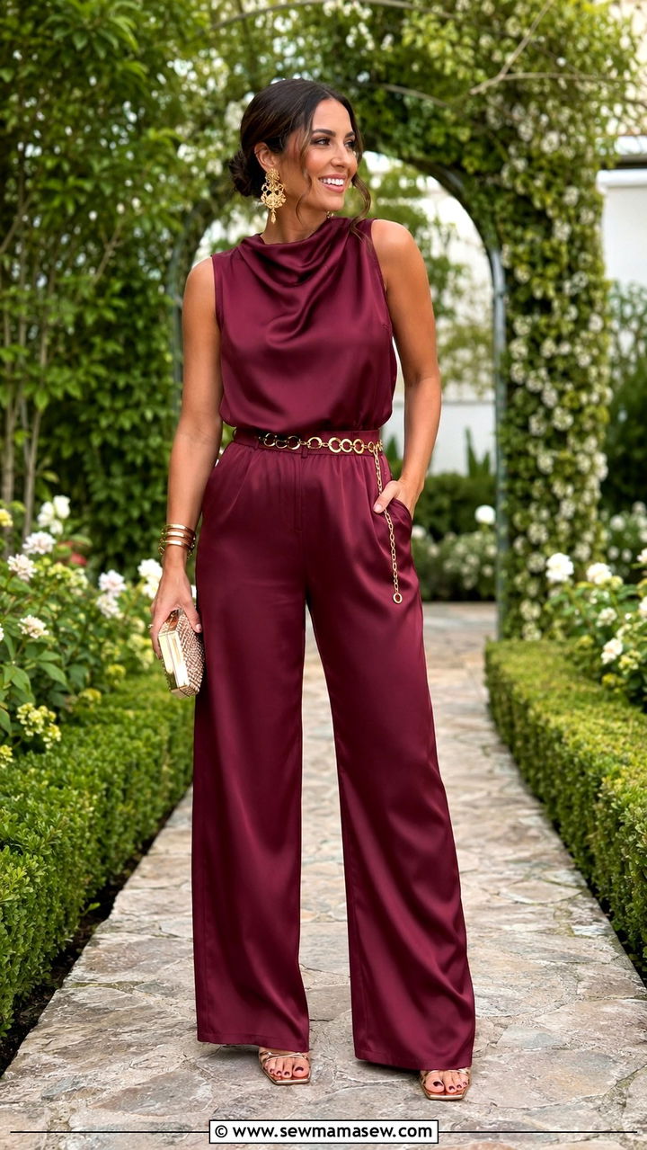 Claret Jumpsuit with Gold Accessories - 30 Claret outfit ideas