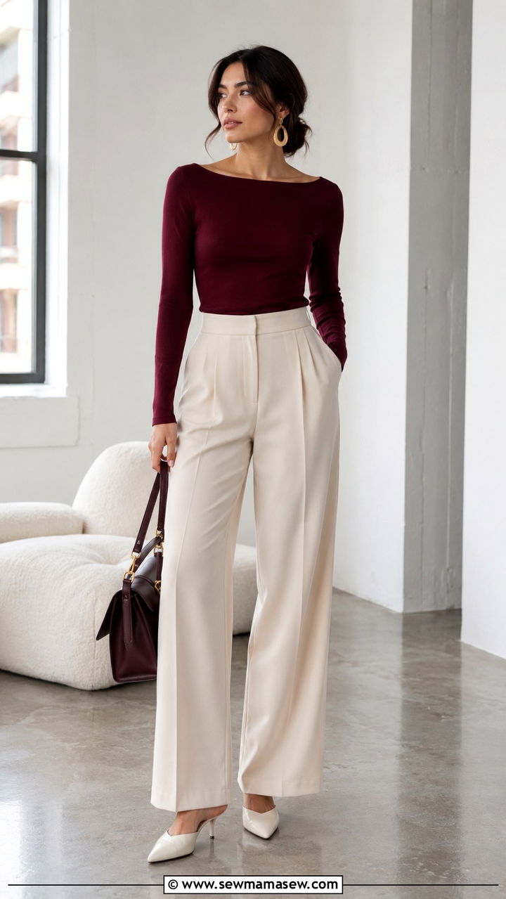 Claret Knit Top with Wide Leg Pants - 30 Claret outfit ideas