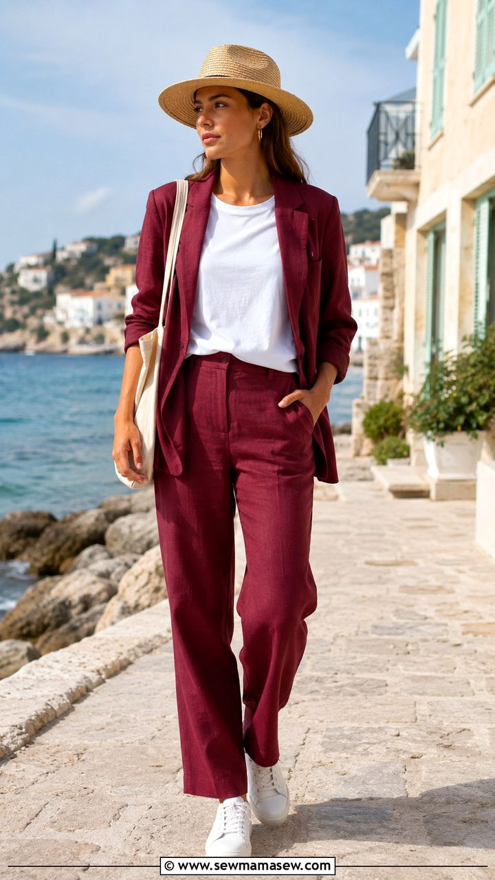 Claret Linen Suit with White Tee - 30 Claret outfit ideas