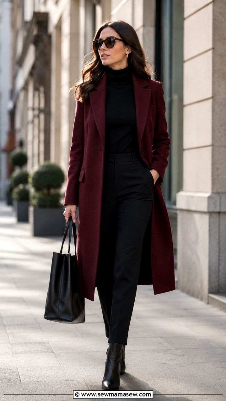 Claret Overcoat with All Black Ensemble - 30 Claret outfit ideas