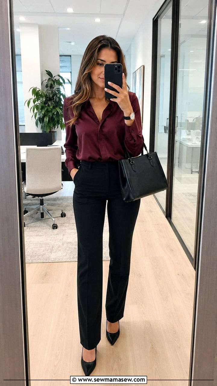 Claret Satin Blouse with Dress Pants - 30 Claret outfit ideas