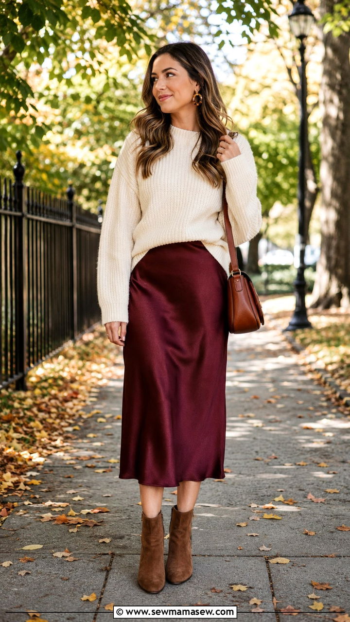 Claret Skirt with Cream Sweater - 30 Claret outfit ideas