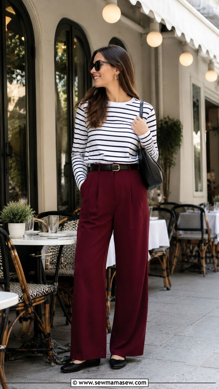 Claret Trousers with Striped Top - 30 Claret outfit ideas