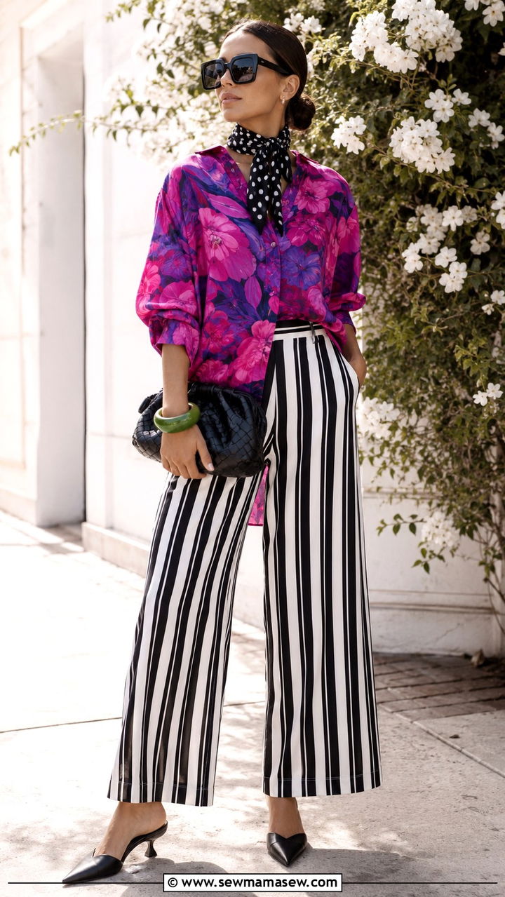 Clashing Floral Blouse and Striped Wide Leg Pants Outfit - 30 maximalist outfits 2026