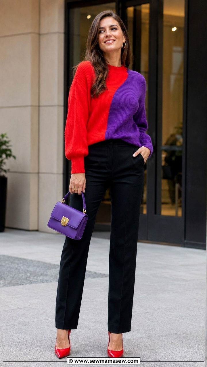 Clashing Tones Color Block Knit Outfit - 20 Spring 2026 color trends