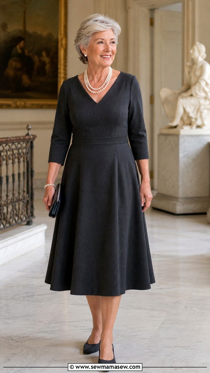 Classic ALine Dress With Statement Pearl Necklace - 20 Wedding guest outfit ideas for 70 year old