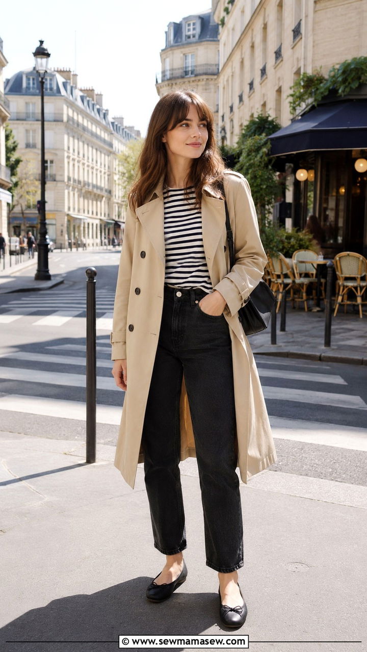 Classic Beige Trench Coat With Black Jeans And A Striped Tee - 25 Black jeans outfit ideas with a trench coat