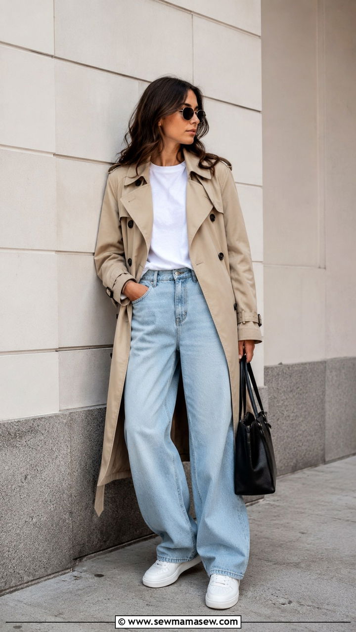 Classic Beige Trench Coat With White Tee and Sneakers - 25 Baggy jeans outfit ideas with a trench coat