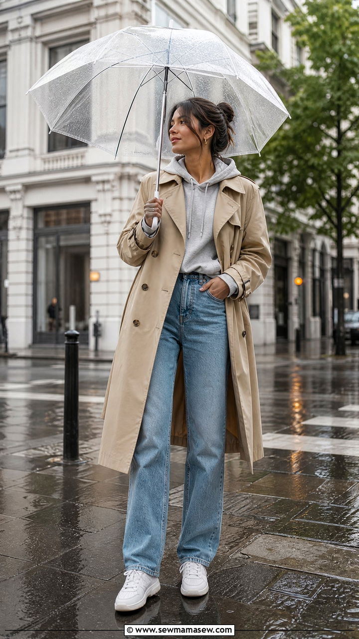 Classic Beige Trench Coat with Blue Jeans - 25 rainy day outfits aesthetic