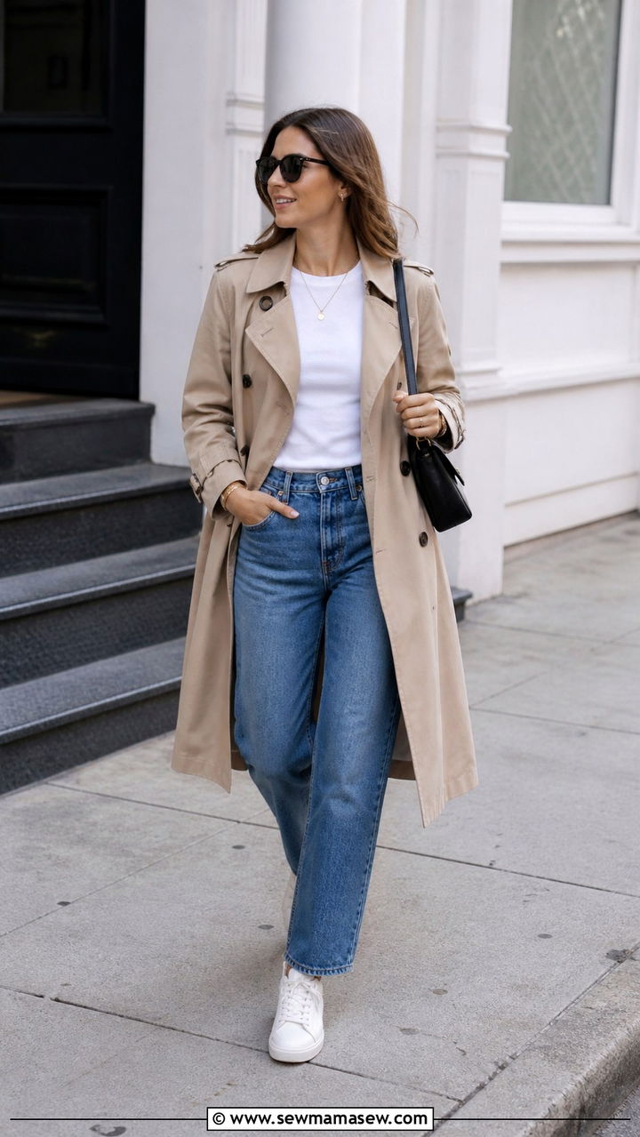 Classic Beige Trench Coat with White Tee and Straight Leg Jeans - 40 casual trench coat outfits