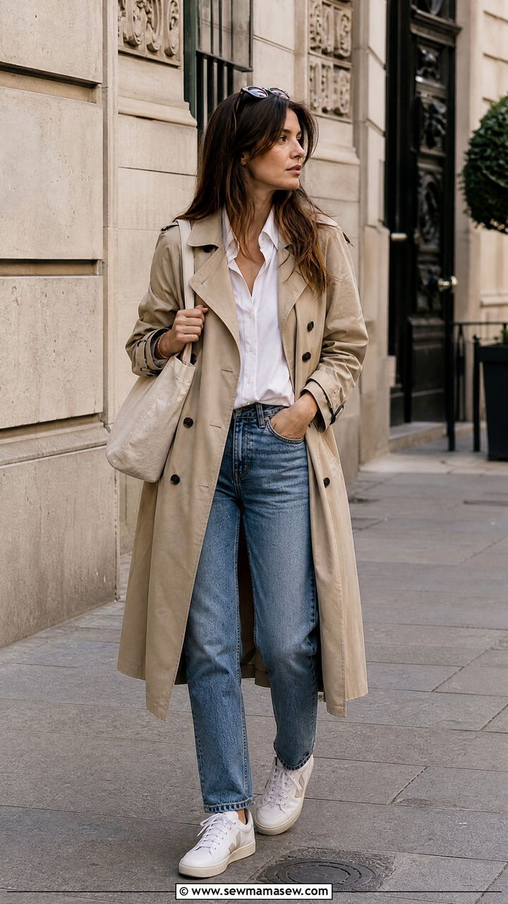Classic Beige Trench With White Button Up And Straight Leg Jeans - 35 How to style a trench coat