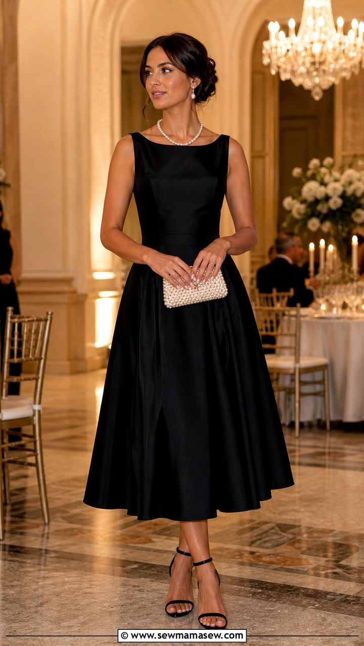 Classic Black A Line Dress With Pearl Accessories - 40 Spring wedding guest outfits