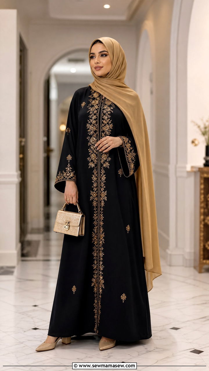 Classic Black Embroidered Abaya with Gold Hijab - 30 Eid outfit ideas with hijab