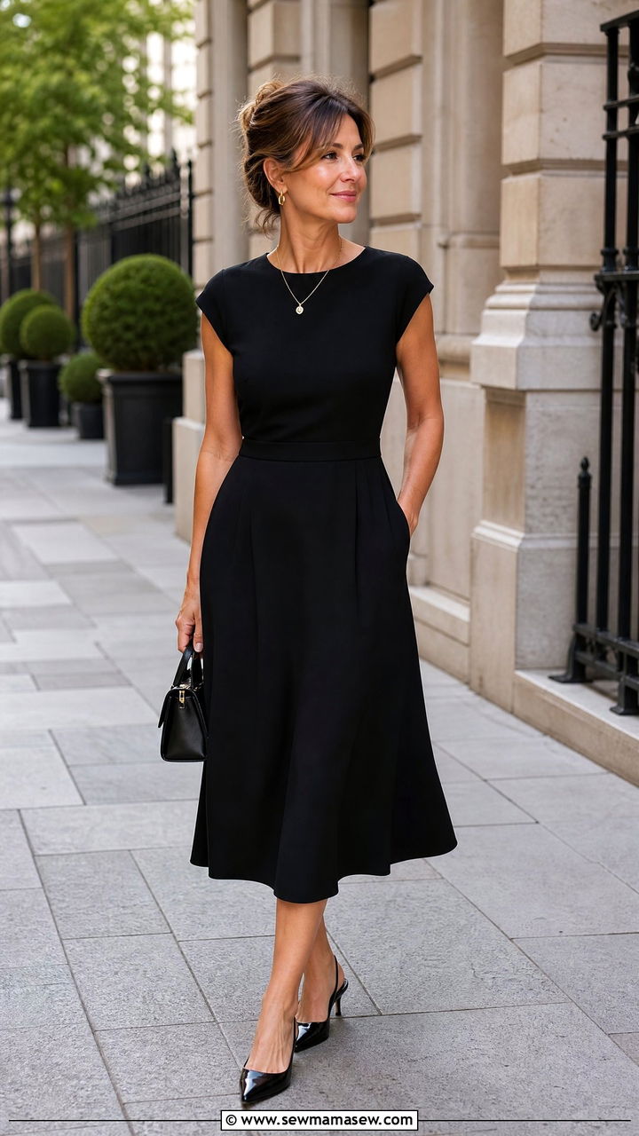 Classic Black Midi Dress With Slingback Heels - 30 clean girl outfit ideas for women over 40