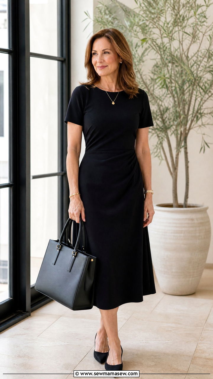 Classic Black Midi Dress with Pointed Flats - 35 Minimalist outfit ideas for women over 40