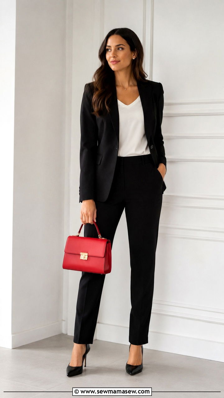 Classic Black Pantsuit with a Pop of Red Accessory Outfit - 25 Professional outfits for women 2026