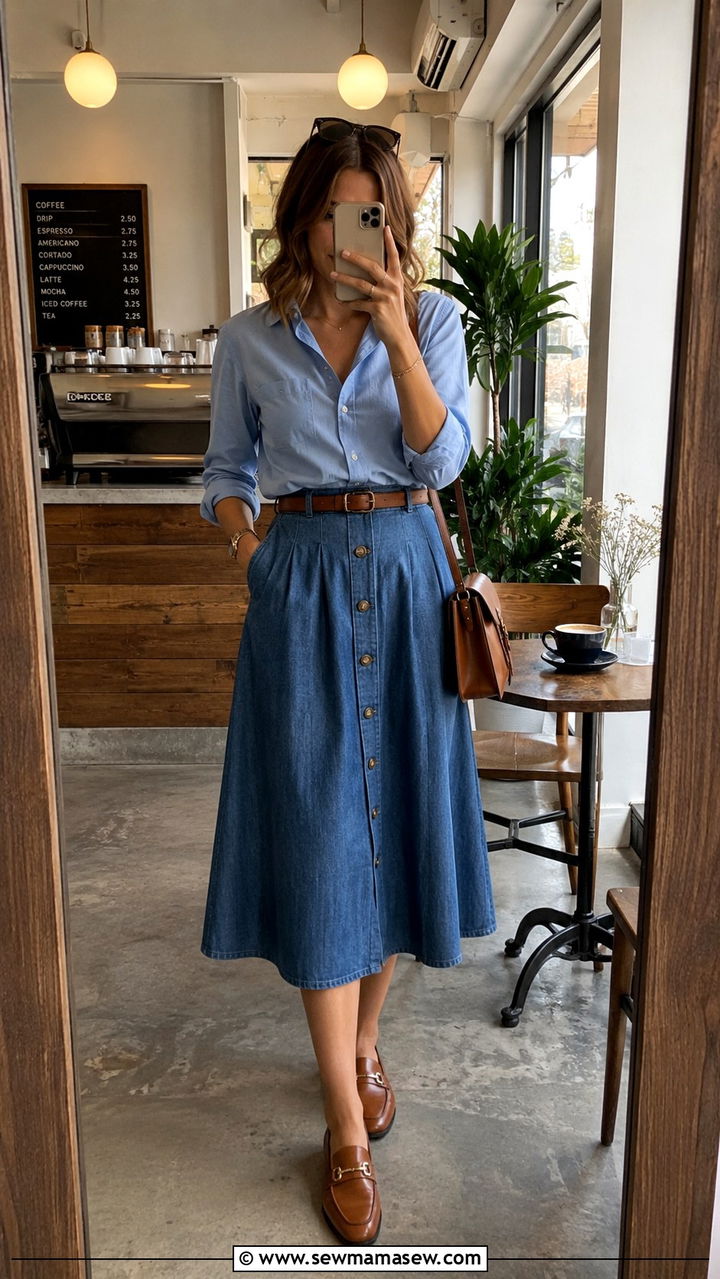 Classic Blue Button Down With Chambray Midi Skirt - 30 Midi skirt outfit ideas with a button down