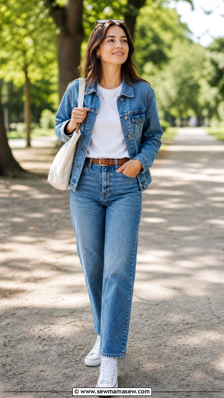 Classic Blue Denim Jacket With White T Shirt And Straight Leg Jeans - 40 denim jacket outfit ideas