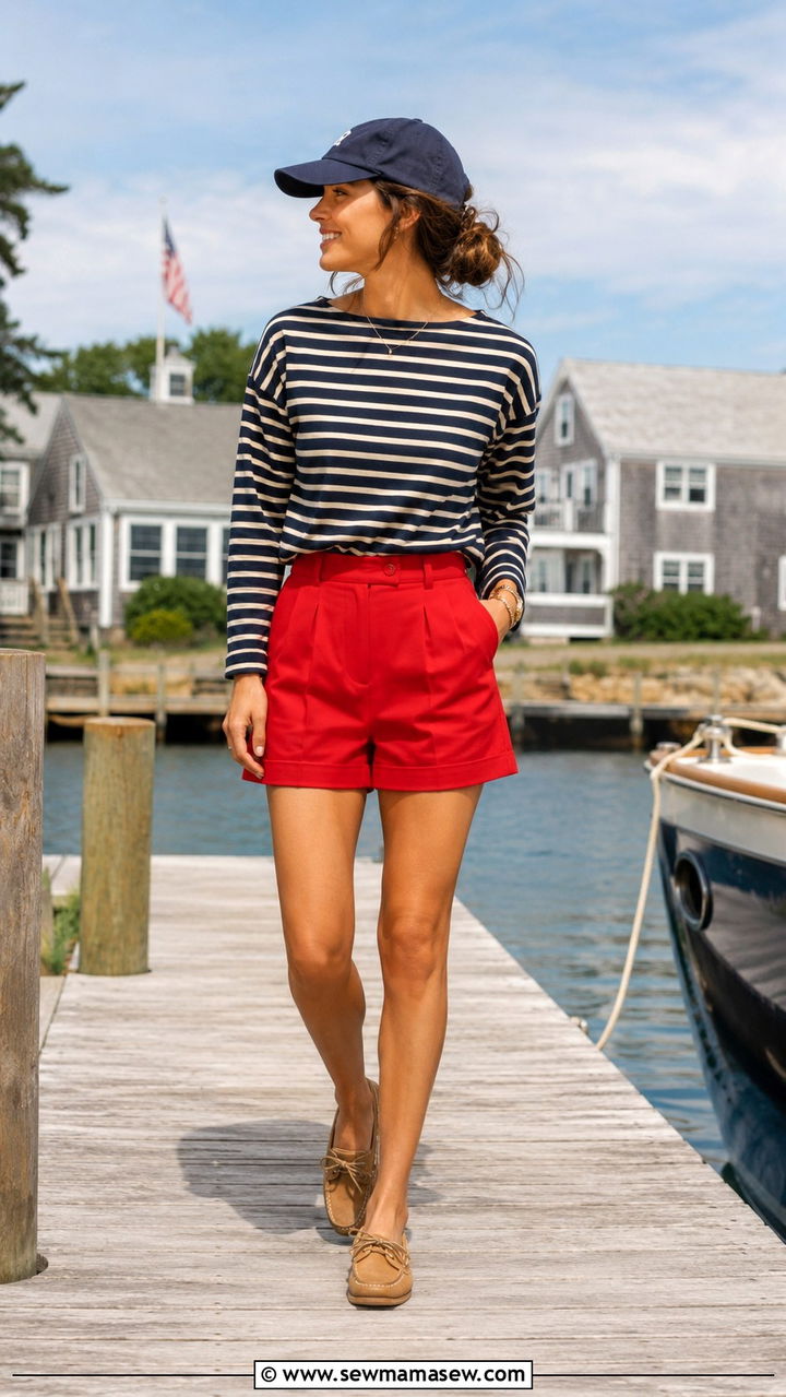 Classic Breton striped top with red shorts - 25 Yacht club outfit ideas