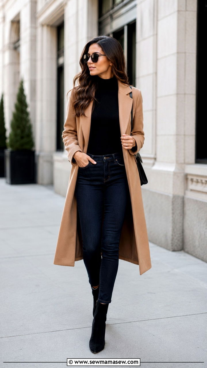 Classic Camel Coat Over Black Turtleneck And Skinny Jeans - 30 Quiet luxury outfit ideas with jeans