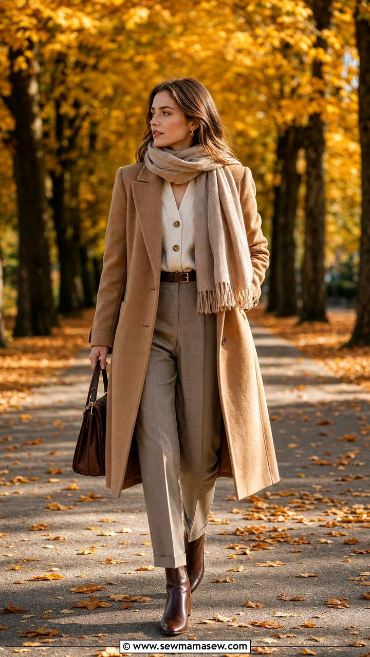 Classic Camel Coat with Tailored Trousers and Chic Ankle Boots - 25 classy light academia outfits
