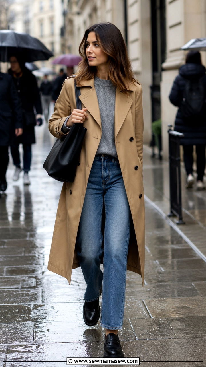 Classic Camel Trench Coat With Straight Leg Jeans - 30 Spring city outfits