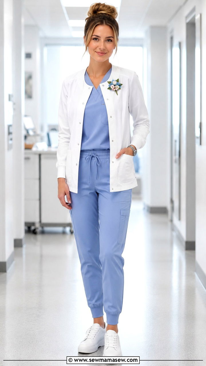 Classic Ceil Blue Scrubs with White Warm Up Jacket - 30 Spring outfit ideas for nurse