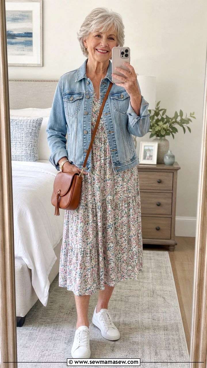 Classic Denim Jacket Layered Over a Floral Midi Dress - 20 70 year old woman outfit ideas