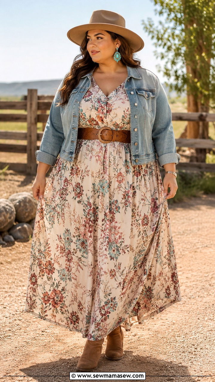 Classic Denim Jacket and Maxi Dress - 25 Plus size outfit ideas western