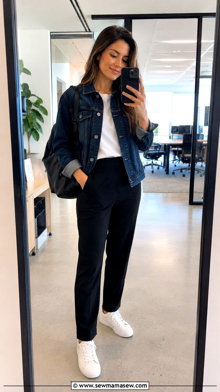Classic Denim Jacket with White Crewneck Tee and Black Dress Pants - 30 job interview outfits for women over 40