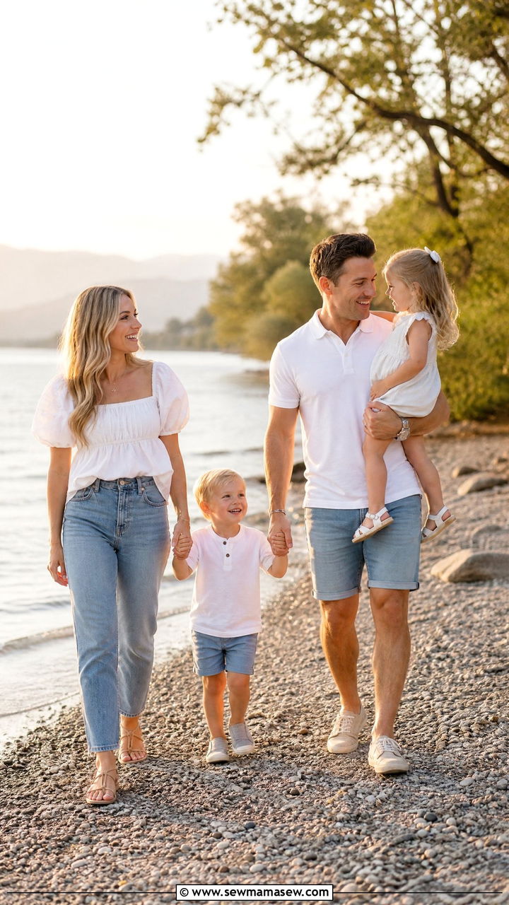 Classic Denim and Crisp White Tops by Lake for Family Photos - 30 summer family photoshoot outfit ideas
