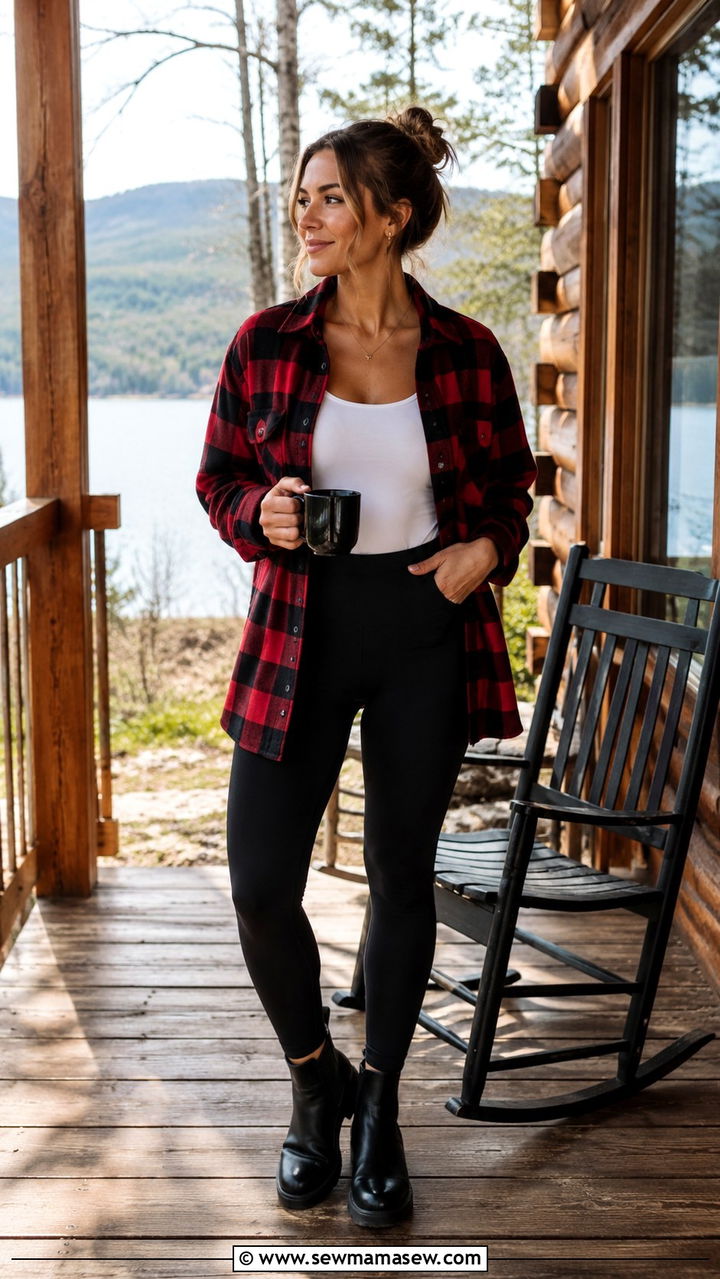 Classic Flannel Shirt with Black Leggings and Chelsea Boots - 30 Spring cabin weekend outfits