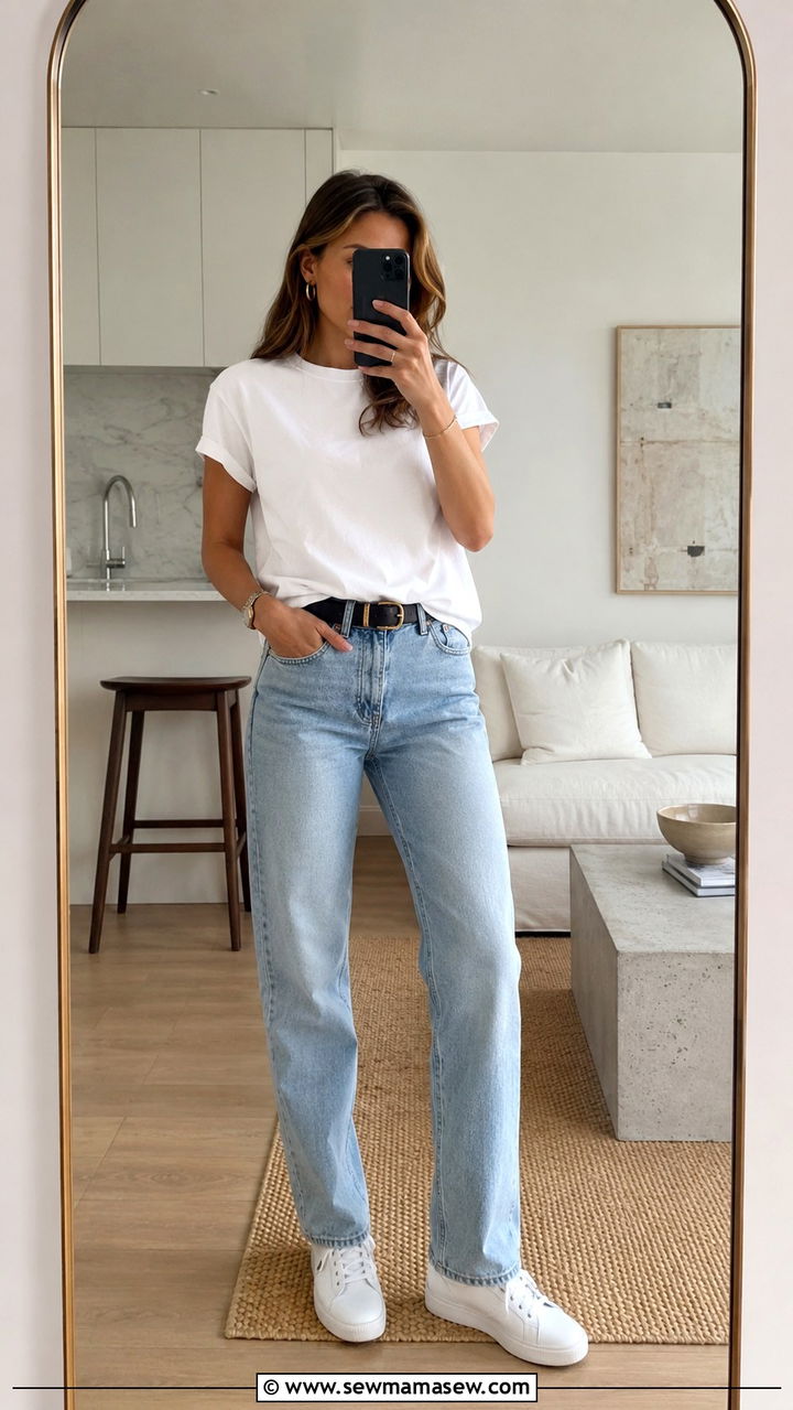 Classic Jeans and White Tee With Sneakers - 20 Summer outfits for 70 degree weather