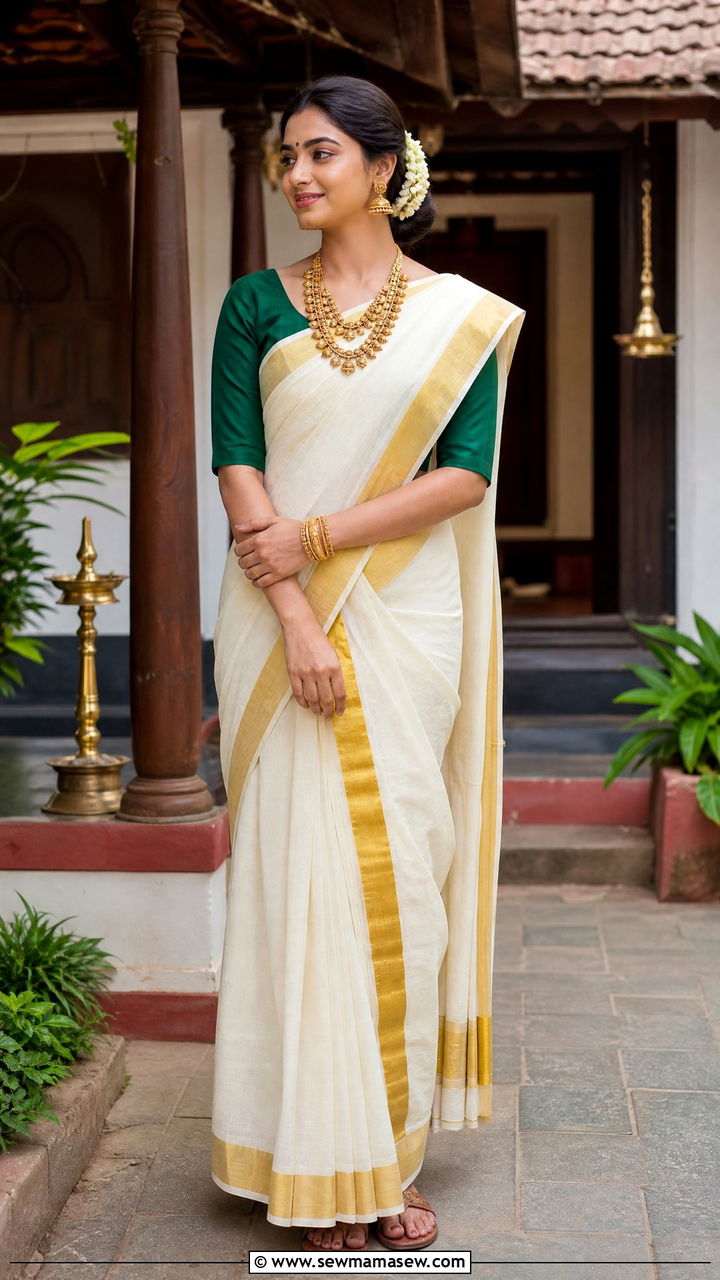 Classic Kasavu Saree With Temple Jewelry - 25 Kerala outfit ideas