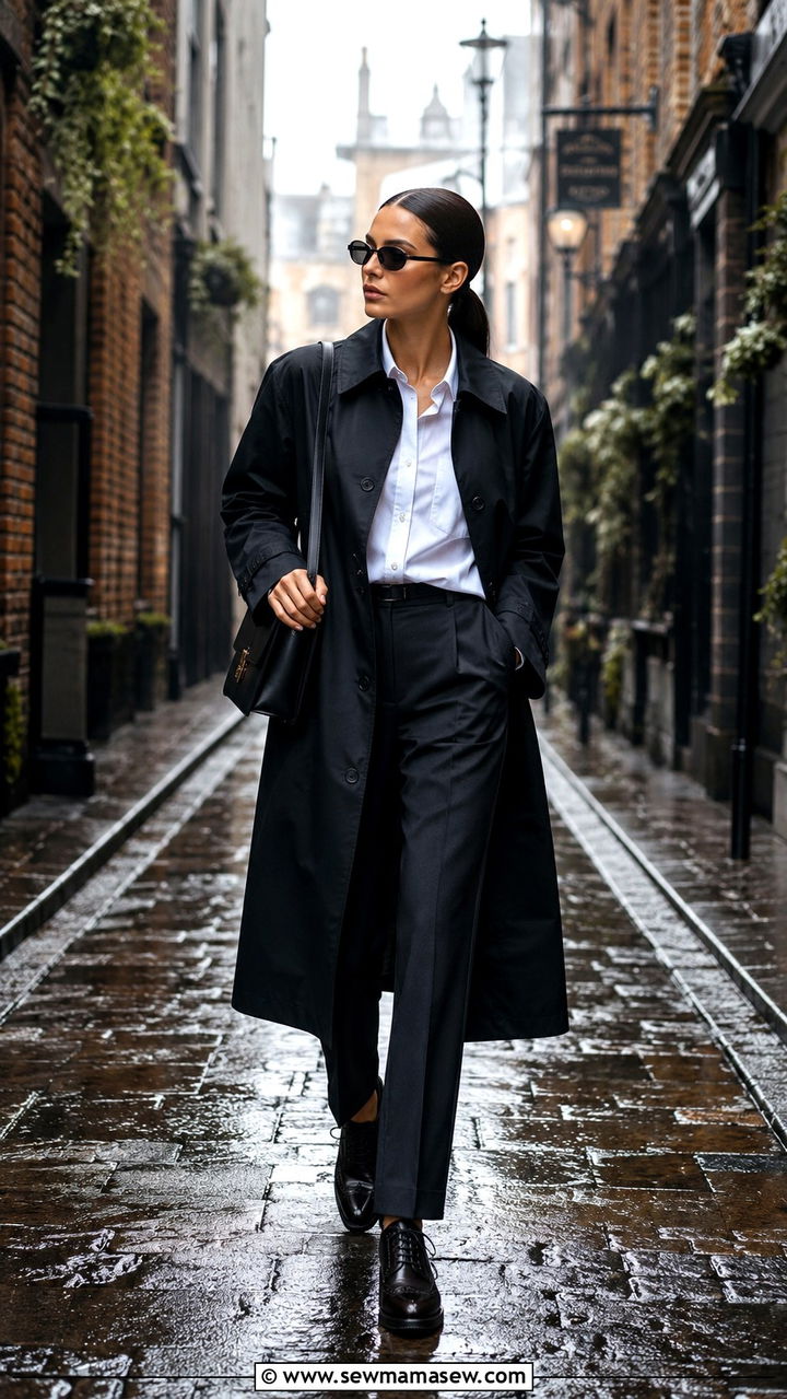 Classic Mac Coat with Tailored Trousers and Brogues - 30 classy rainy day outfits