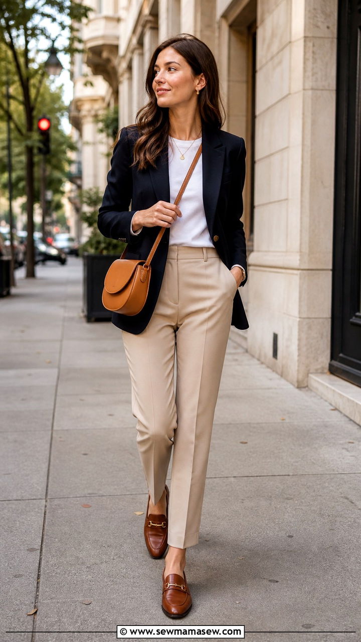 Classic Navy Blazer With Beige Trousers Outfit - 40 blazer outfits ideas