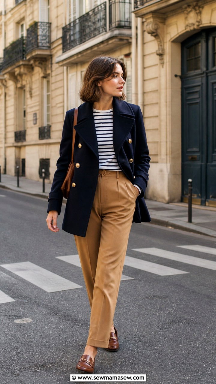 Classic Peacoat With Striped Tee And Trousers - 40 old money outfits for women