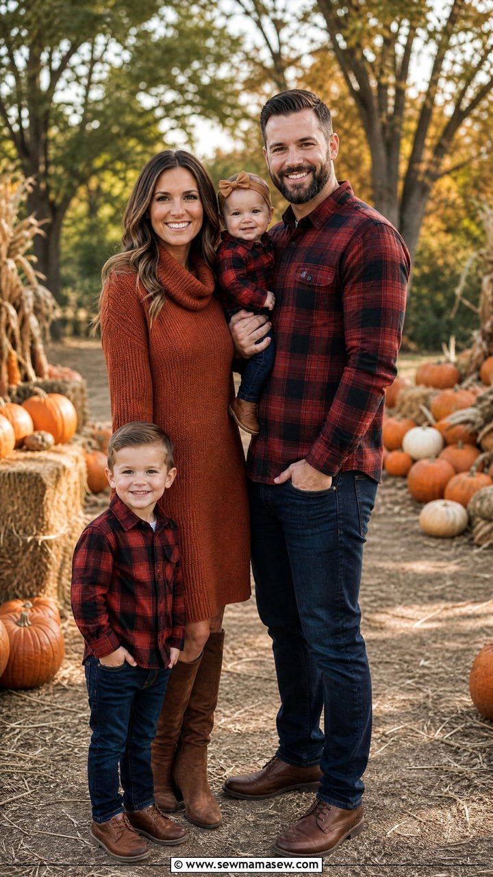 Classic Plaid And Pumpkin Tones For Fall Harvest Photos - 30 family photo outfits ideas