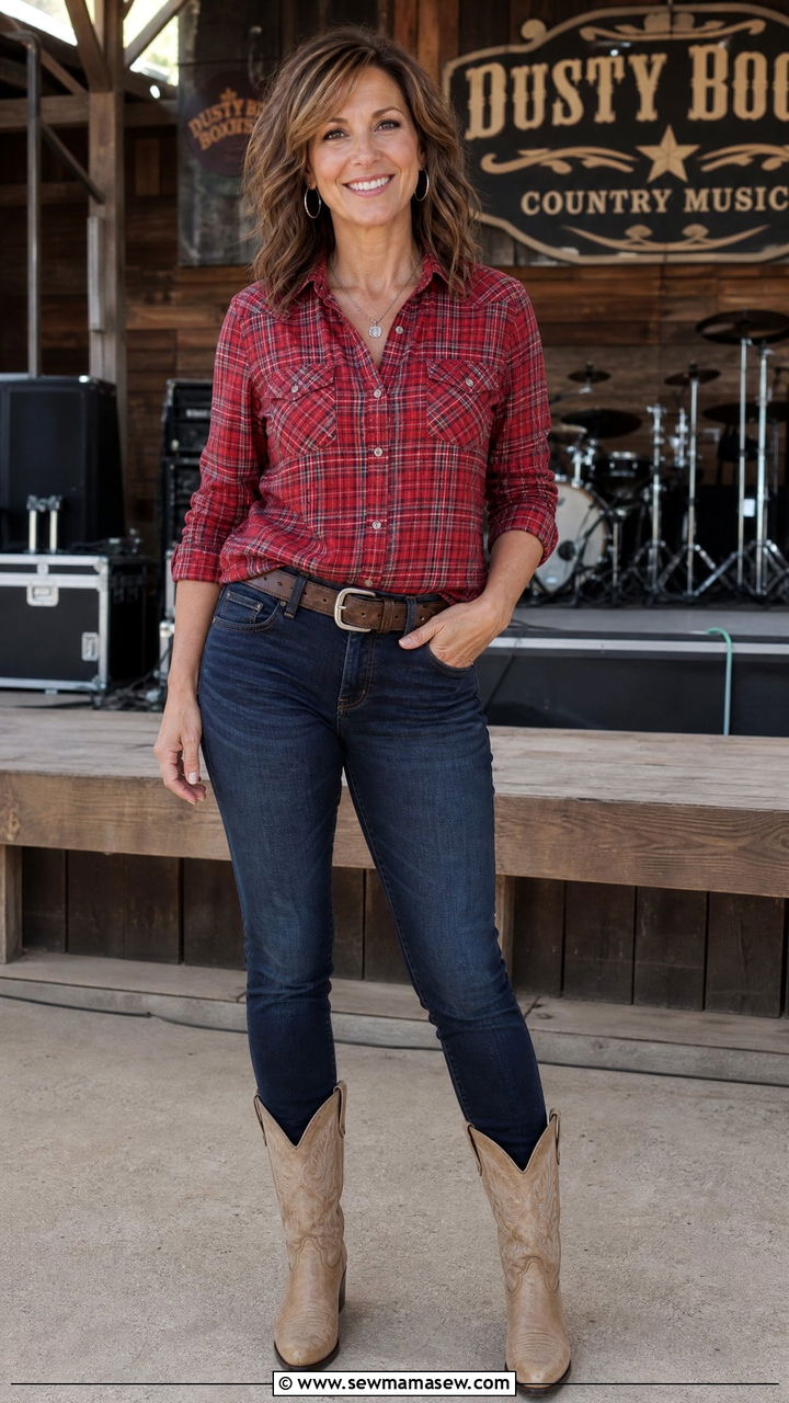 Classic Plaid Shirt With Dark Wash Jeans - 30 country concert outfits for women over 40