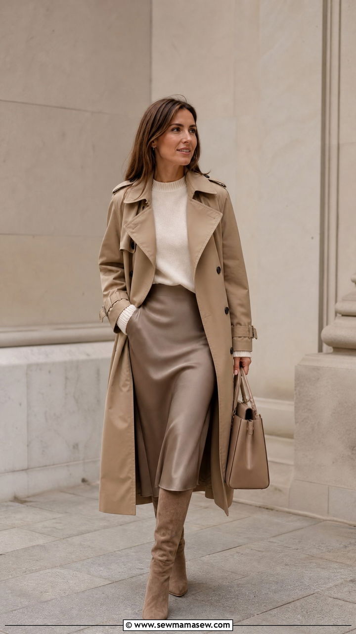 Classic Tan Trench With A Midi Skirt And Knee High Boots - 35 How to style a trench coat