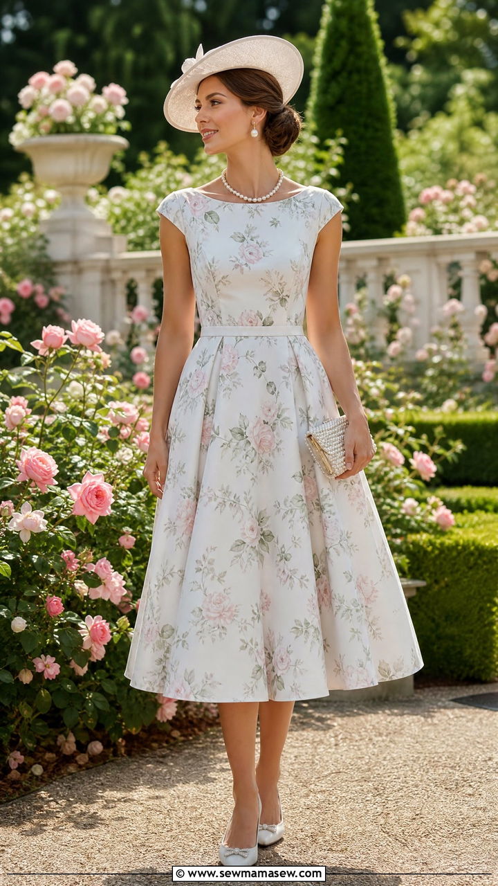 Classic Tea Length Dress with Pearl Accessories - 35 Garden party outfit ideas
