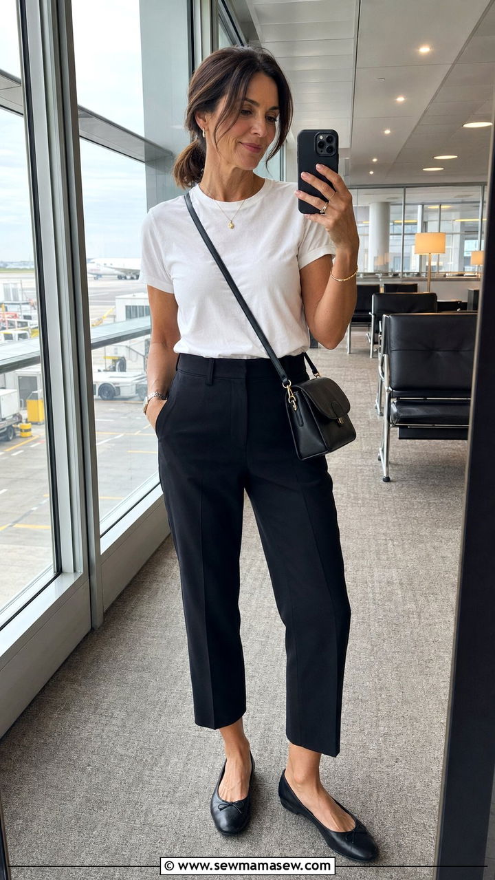 Classic Tee With Cropped Trousers And Ballet Flats Airport Outfit - 35 Airport outfits for women over 40