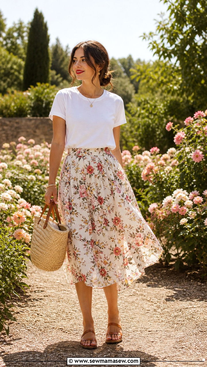Classic Tee with Floaty Midi Skirt - 40 parisian outfits for women