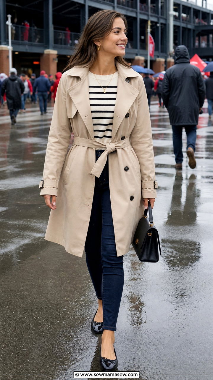 Classic Trench Coat And Skinny Jeans With Waterproof Flats - 25 Gameday outfit ideas rainy weather