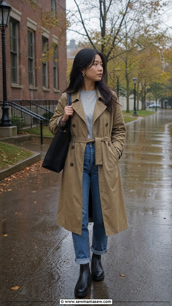 Classic Trench Coat And Straight Leg Jeans Campus Outfit - 25 Fashion for college sophomore