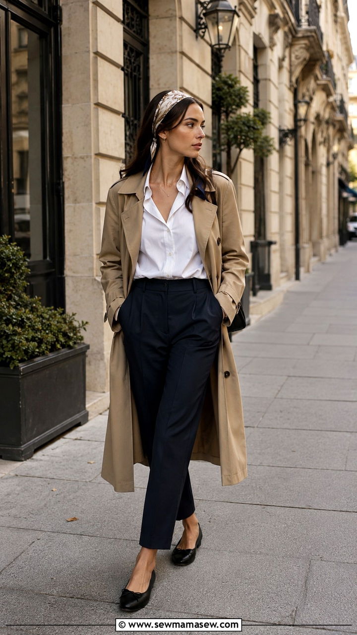 Classic Trench Coat And White Shirt With Silk Headband - 25 Old money outfit ideas with headband
