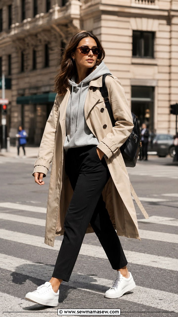 Classic Trench Coat Over A Hoodie And Tailored Pants - 30 Trendy outfits for women over 40