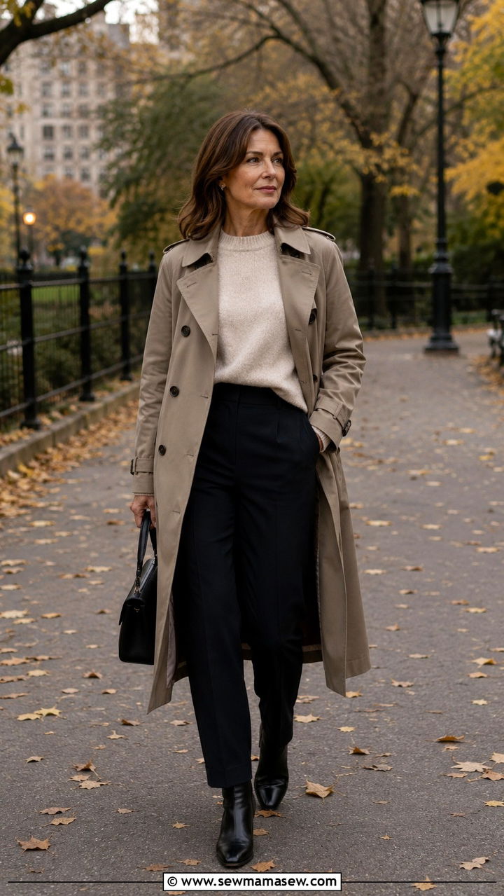 Classic Trench Coat Over Cashmere Sweater and Tailored Trousers - 30 Capsule wardrobe women over 40