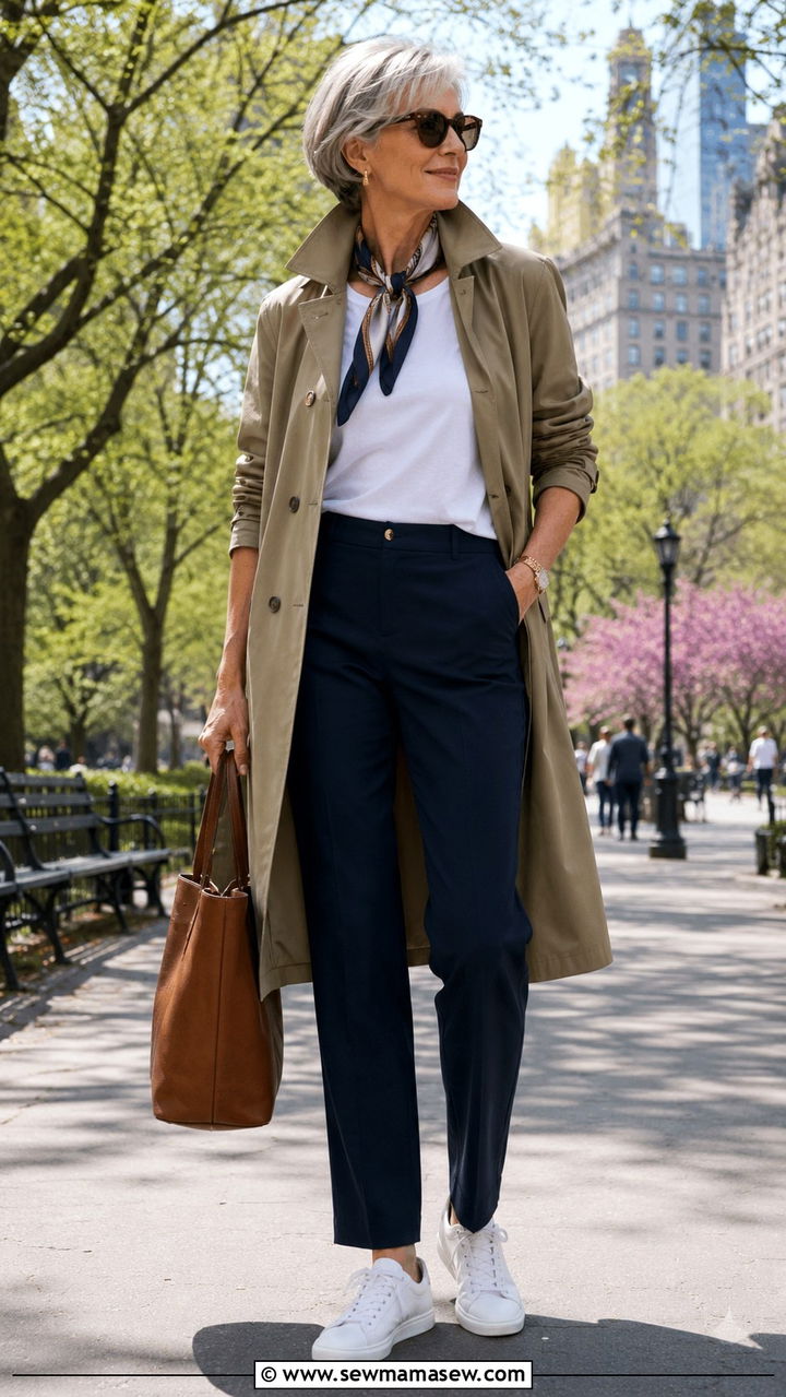 Classic Trench Coat Over StraightLeg Pants - 30 Tall outfits for women over 60