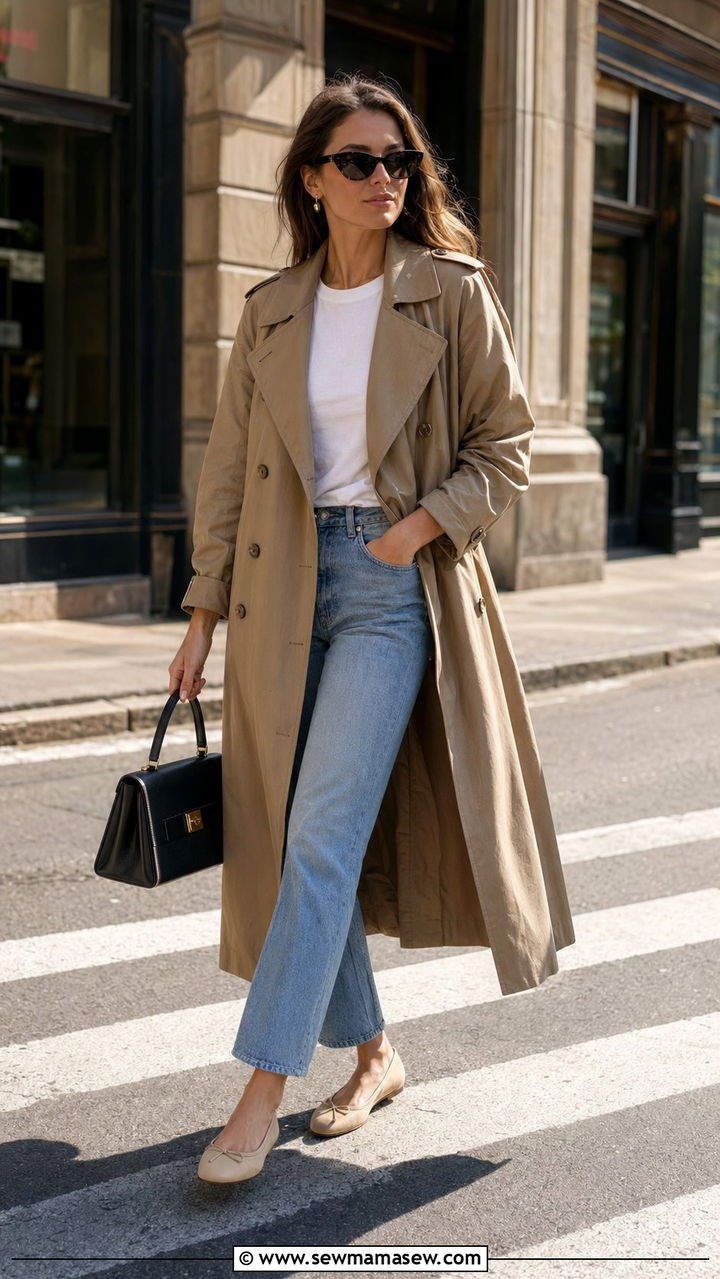 Classic Trench Coat Over White Tee and Cropped Jeans - 35 90s capsule wardrobe outfits